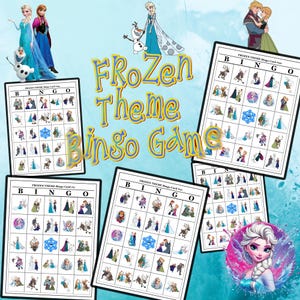 Può includere: Un gioco di bingo a tema Frozen composto da diverse cartelle bianche con griglie contenenti varie illustrazioni di personaggi, fiocchi di neve blu e il testo Frozen Theme Bingo Game in lettere gialle e blu su sfondo azzurro.