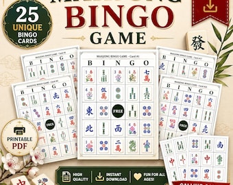 May include: A digital Mahjong Bingo game set featuring 25 unique bingo cards, calling cards, and printable PDF instructions. The design includes traditional Mahjong tile graphics in red, blue, and green on a cream background with text overlays.