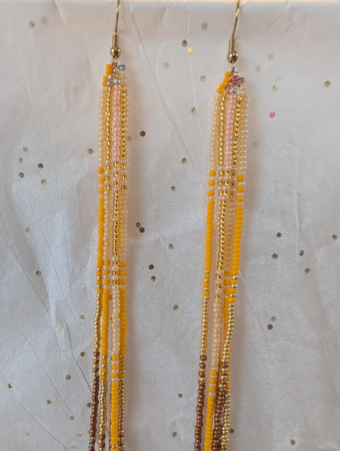 Gold, Yellow, and Brown Seed Bead 10-inch Earrings. Shoulder Dusters ...
