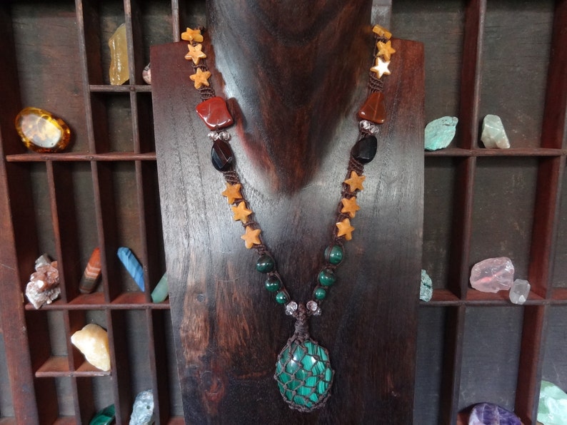 Shhh... Protected-Organic Spiritual Brown Mala Macrame necklace Malachite, Quartz, Red Aventurine.Black Onxy, Carnelian image 4