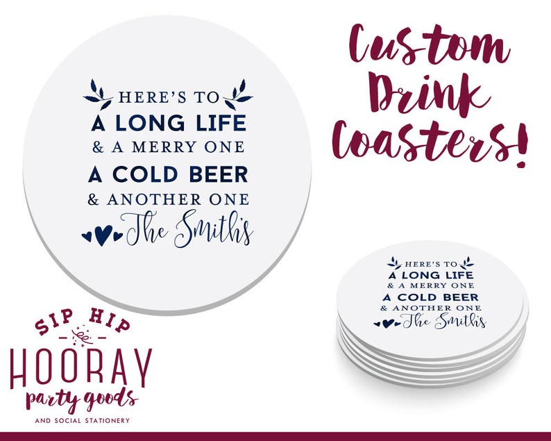Personalized Coaster Heres To A Long Life Coasters Party Favors Wedding Coasters Engagement Party Favors Custom Anniversary Gifts 1818
