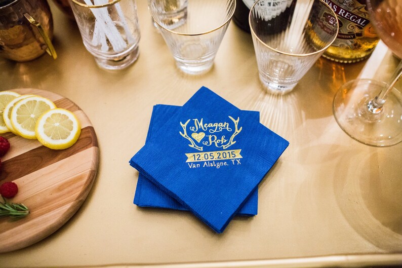 1122 Monogrammed Napkins Personalized Napkins Bar Napkins Rustic Wedding Napkins Antler Napkin Foil Wedding Napkins Wedding Napkins
