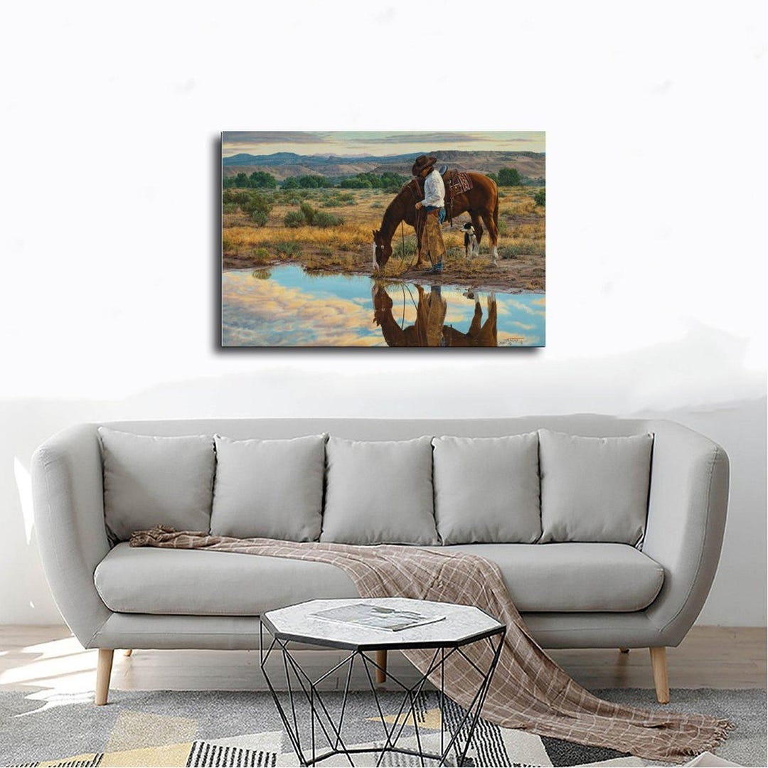 Western Cowboy With Horse Canvas Print, Rustic Ranch Landscape Wall Art ...