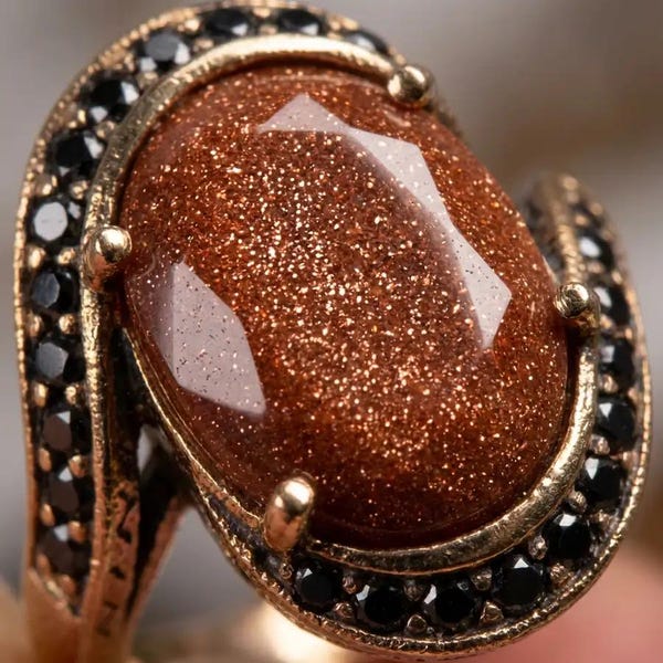 Brown Sandstone Goldstone Bronze Statement Ring Adjustable Oval Gemstone Victorian Boho Jewelry Handmade