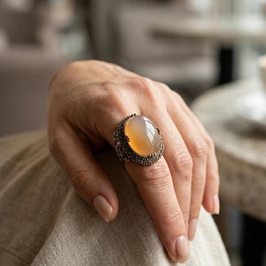 Agate Ring, Adjustable Bronze Band with Oval Crystal Gemstone
