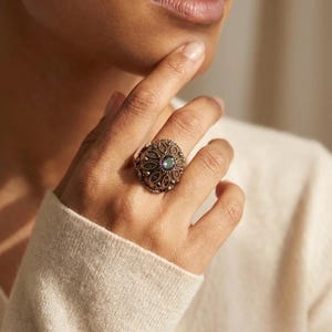 Marcasite Ring, Adjustable Bronze Ottoman Dome Statement Jewelry