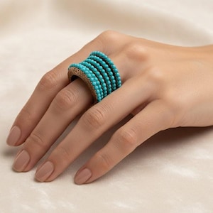 Turquoise Ring, 7-Row Adjustable Vintage Band with Authentic Turkish Jewelry