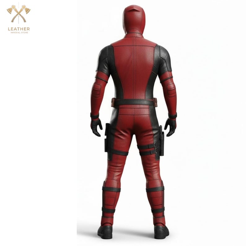 Puede incluir: Un traje completo rojo y negro con capucha, guantes y botas. El traje presenta detalles negros en los hombros, brazos y piernas, con bolsillos en los muslos. La vista trasera muestra el dise&ntilde;o y los detalles del traje.