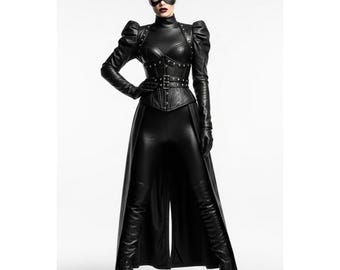 Disfraz de Catwoman para cosplay / Traje de rol de gatita de cuero hecho a mano para mujer / Vestido gótico para festivales y fiestas de máscaras / Cuero hecho a mano