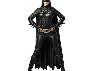 Disfraz de Catwoman de cuero negro / Mono de cuerpo entero para mujer con máscara y guantes / Traje de cosplay de cuero genuino hecho a mano / Regalo para ella