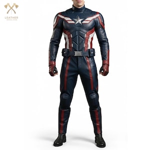 May include: A navy blue Captain America costume with red and white detailing. The costume includes a star emblem, a belt, and black gloves and boots. The image shows the full costume from head to toe.