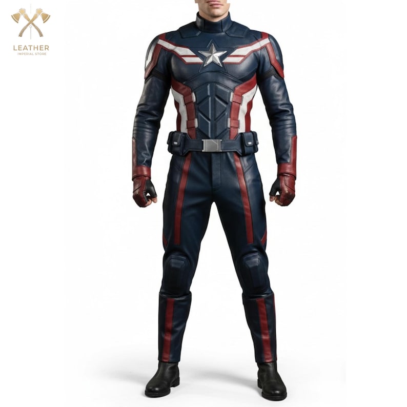 May include: A navy blue Captain America costume with red and white detailing. The costume includes a star emblem, a belt, and black gloves and boots. The image shows the full costume from head to toe.