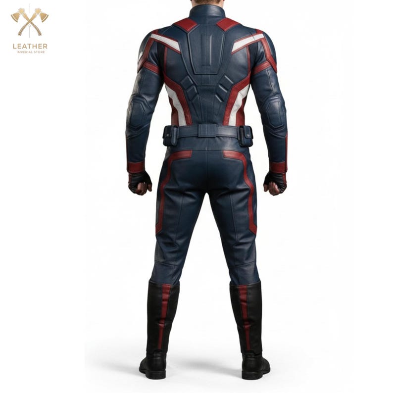 May include: A navy blue and red leather costume with white detailing. The costume comprises a jacket, trousers, and boots. The jacket features red and white stripes on the shoulders and back. The trousers have red accents. The boots are black with red trim.
