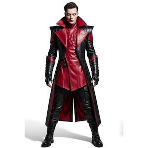 May include: A black and red leather coat with a high collar and a tailored fit. The coat features red accents on the shoulders, sleeves, and interior, with a matching red vest underneath. The outfit is completed with black leather pants and boots.