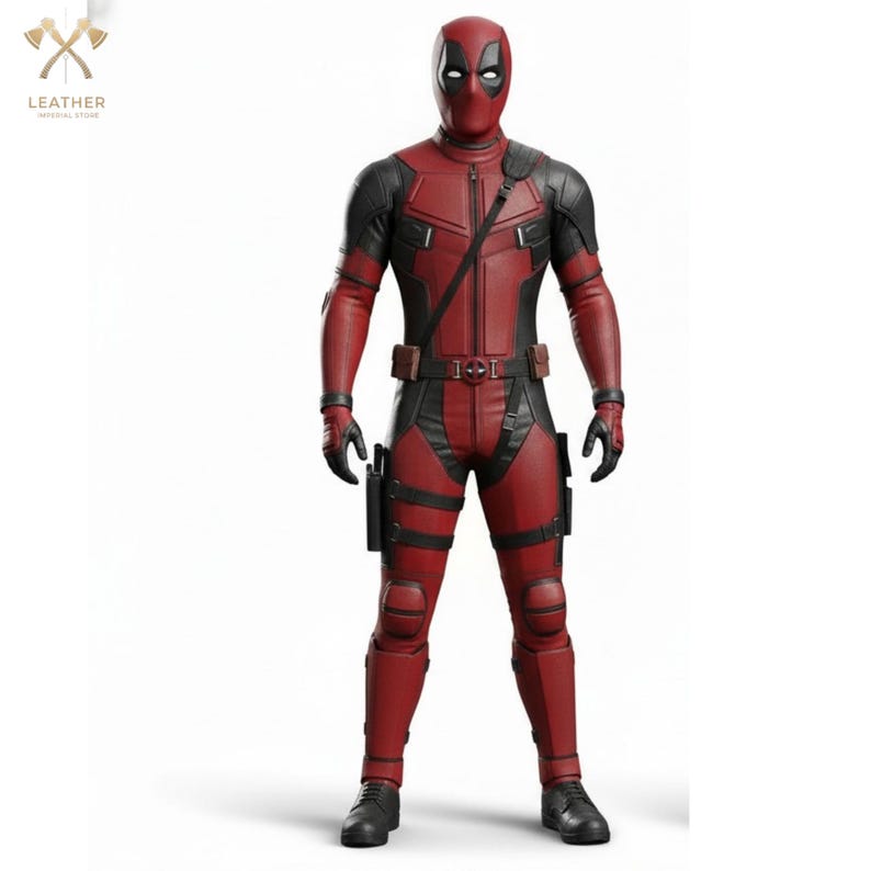 Puede incluir: Un disfraz completo de Deadpool en rojo y negro. El disfraz presenta una m&aacute;scara con ojos blancos, un cintur&oacute;n negro y bolsillos. El traje tiene una cremallera en la parte delantera y detalles negros en los hombros y los brazos. El personaje lleva guantes y botas negras.