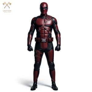 Pu&ograve; includere: Un costume intero nero e bordeaux, con maschera, guanti e stivali. Il costume ha una cintura multiuso e spallacci. Il logo Leather Imperial Store &egrave; visibile in alto a sinistra.