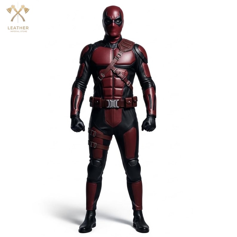 Pu&ograve; includere: Un costume intero nero e bordeaux, con maschera, guanti e stivali. Il costume ha una cintura multiuso e spallacci. Il logo Leather Imperial Store &egrave; visibile in alto a sinistra.