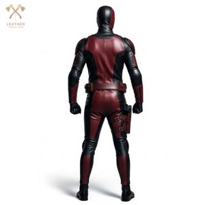 Pu&ograve; includere: Un costume intero in pelle nera e bordeaux, con cappuccio, guanti e cintura multiuso. Il costume include una fondina ed &egrave; progettato con una silhouette aderente. Il logo Leather Imperial Store si trova in alto a sinistra.
