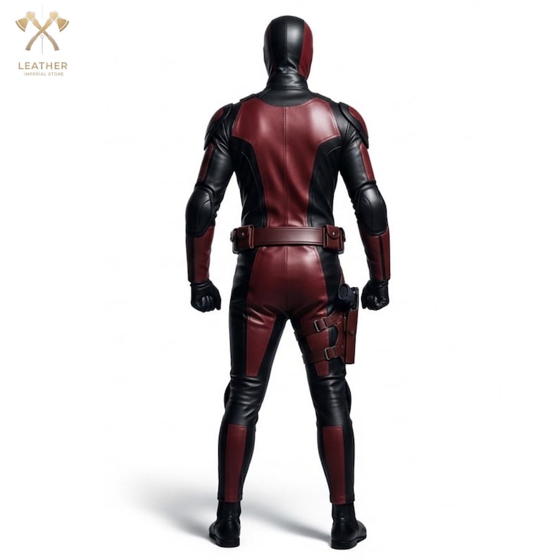 Pu&ograve; includere: Un costume intero in pelle nera e bordeaux, con cappuccio, guanti e cintura multiuso. Il costume include una fondina ed &egrave; progettato con una silhouette aderente. Il logo Leather Imperial Store si trova in alto a sinistra.