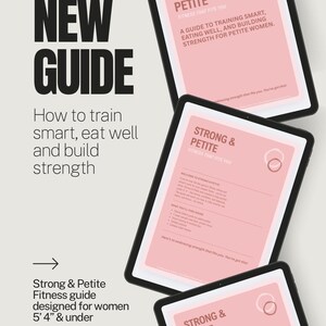 Könnte beinhalten: Digitaler Fitness-Ratgeber "Strong & Petite" auf drei Tablets. Der Ratgeber ist für Frauen bis 163 cm konzipiert, mit dem Text "Wie man intelligent trainiert, sich gut ernährt und Kraft aufbaut."