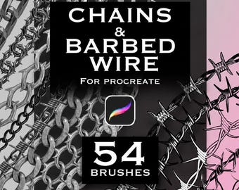 Könnte beinhalten: Ein digitales Pinselset mit 54 Ketten- und Stacheldraht-Designs für Procreate. Das Bild zeigt verschiedene metallische Kettenglieder und scharfe Stacheldrahtmuster in Schwarz-Weiß, mit dem Text "CHAINS & BARBED WIRE FOR PROCREATE 54 BRUSHES".
