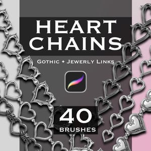 May include: A digital graphic featuring four vertical silver heart-shaped chain designs. The text reads HEART CHAINS, GOTHIC + JEWERLY LINKS, and 40 BRUSHES, accompanied by a Procreate app icon. The background is divided into gray and pink sections.