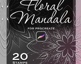 Könnte beinhalten: Ein digitales Grafikset mit dem Text Floral Mandala FOR PROCREATE, einem Procreate-Symbol, 20 STAMPS + PNG FILES und zwei weißen Mandala-Linienzeichnungen vor einem Hintergrund aus grauen, schwarzen und zartrosa vertikalen Paneelen.