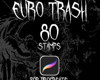 Könnte beinhalten: Eine digitale Grafik mit dem Text EURO TRASH 80 STAMPS FOR PROCREATE in einer stilisierten weißen Schrift auf schwarzem Hintergrund. Das Design enthält ein Procreate-App-Symbol und komplexe, dunkle, illustrative Linienzeichnungen.
