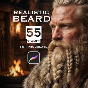 May include: Image features a realistic depiction of a man with a long, braided, blonde beard. The text "REALISTIC BEARD" is at the top, with "55 STAMPS" in a white box, and "FOR PROCREATE" below. A Procreate app icon is also present.