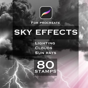 Paquete de 80 sellos de efectos de cielo para Procreate: iluminación, tormentas, nubes, rayos de sol.
