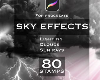 Könnte beinhalten: Eine digitale Grafik mit dem Procreate-Logo und dem Text FOR PROCREATE SKY EFFECTS LIGHTING CLOUDS SUN RAYS 80 STAMPS. Der Hintergrund zeigt dunkle, stürmische Wolken mit hellen weißen Blitzen und sanften rosa Sonnenstrahlen.