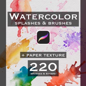 Pode incluir: Uma coleção de ativos digitais com salpicos e pincéis de aguarela com textura de papel. O texto diz WATERCOLOR SPLASHES & BRUSHES, + PAPER TEXTURE e 220 BRUSHES & STAMPS, acompanhado por um ícone da aplicação Procreate num fundo branco.