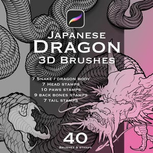以下が含まれることがあります： ピンクとグレーの配色で描かれた、日本のドラゴンの詳細なイラストが特徴のデジタルアート製品です。「Japanese Dragon 3D Brushes」というテキストと、含まれるスタンプとブラシの数が画像に含まれています。