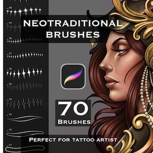 May include: A digital set of 70 Neotraditional Brushes for Procreate, featuring a side profile illustration of a person with dark hair, gold headwear, and pearl strands, alongside a vertical list of white star and line brush stroke samples.