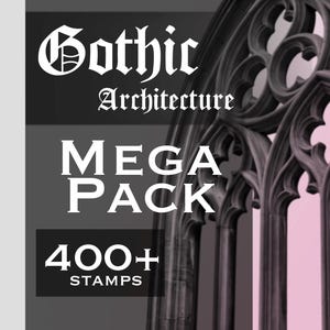 Puede incluir: Un gráfico de producto digital con el texto Gothic Architecture MEGA PACK 400+ STAMPS. El diseño incluye un fondo gris oscuro con una ilustración en blanco y negro de un marco de ventana de arco apuntado con detalles de tracería en piedra.