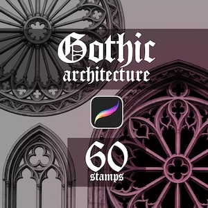 May include: A digital collection of 60 stamps featuring Gothic architecture designs, including circular rose windows and pointed arch structures. The image displays the text Gothic architecture and 60 stamps alongside a Procreate app icon.