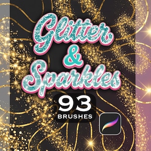 Puede incluir: Un gráfico digital con el texto Glitter & Sparkles en una fuente de purpurina color turquesa con un borde rosa, situado sobre el texto 93 BRUSHES. El fondo muestra remolinos y destellos dorados sobre un fondo negro y malva.