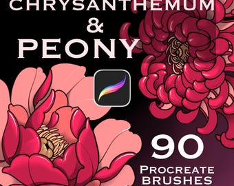 Könnte beinhalten: Grafische Darstellung mit Chrysantheme und Pfingstrose. Der Text "Chrysanthemum & Peony" und "90 Procreate Brushes" sind enthalten. Ein Procreate App-Symbol ist ebenfalls vorhanden.