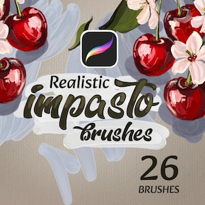 Op de afbeelding: Een digitale illustratie met rijpe rode kersen met delicate witte en roze bloesems. De afbeelding bevat de tekst "Realistic Impasto Brushes" en "26 Brushes", wat duidt op digitale kunstgereedschappen.