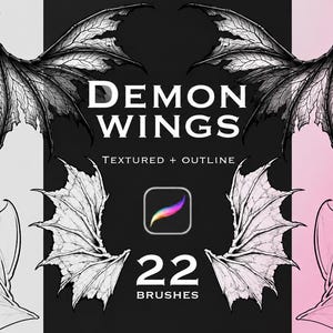 Può includere: Una collezione digitale di 22 pennelli Procreate con ali di demone in stili testurizzati e a contorno. La grafica mostra varie forme di ali con dettagli venati complessi su uno sfondo bianco e nero con il testo DEMON WINGS.