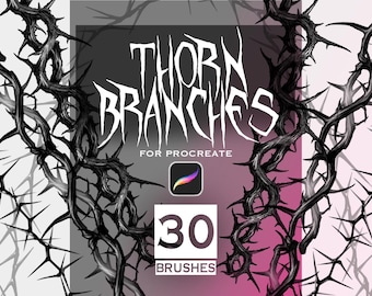 Könnte beinhalten: Eine digitale Grafik mit schwarzen, dornigen Zweigen, die die Ränder einrahmen. Der mittlere Text lautet THORN BRANCHES FOR PROCREATE über einem Procreate-App-Symbol, gefolgt von einem weißen Quadrat mit der Zahl 30 und dem Wort BRUSHES.