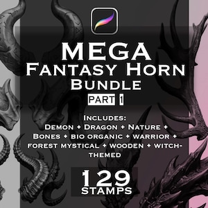 Puede incluir: Una colección digital de 129 sellos de cuernos de fantasía para Procreate, con diseños de demonio, dragón, naturaleza, huesos, bio-orgánico, guerrero, bosque, madera y temática de brujas. El texto dice MEGA FANTASY HORN BUNDLE PART 1.