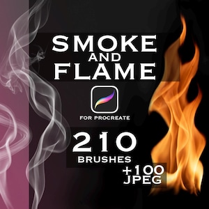 May include: A digital asset pack titled SMOKE AND FLAME FOR PROCREATE featuring 210 brushes and 100 JPEG files. The graphic displays white wisps of smoke on the left and orange flames on the right against a dark background.