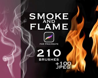Könnte beinhalten: Ein digitales Asset-Paket mit dem Titel SMOKE AND FLAME FOR PROCREATE, das 210 Pinsel und 100 JPEG-Dateien enthält. Die Grafik zeigt weiße Rauchschwaden auf der linken Seite und orangefarbene Flammen auf der rechten Seite vor einem dunklen Hintergrund.