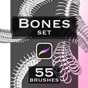 Pode incluir: Um conjunto de pincéis de arte digital com 55 ilustrações de linhas em preto e branco de estruturas esqueléticas humanas, incluindo colunas vertebrais e caixas torácicas, com o texto BONES SET e 55 BRUSHES e um ícone do aplicativo Procreate.