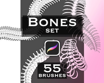 Könnte beinhalten: Ein digitales Pinselset mit 55 schwarz-weißen Strichzeichnungen menschlicher Skelettstrukturen, einschließlich Wirbelsäulen und Brustkörben, mit dem Text BONES SET und 55 BRUSHES sowie einem Procreate-App-Symbol auf einem Farbverlaufshintergrund.