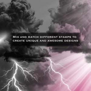 May include: A digital graphic featuring dark, stormy clouds with bright white lightning bolts on the left and soft pink light rays on the right. Centered is a black rectangular overlay with the white text: MIX AND MATCH DIFFERENT STAMPS TO CREATE UNIQUE AND AWESOME DESIGNS.
