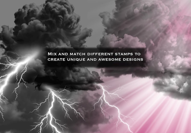 May include: A digital graphic featuring dark, stormy clouds with bright white lightning bolts on the left and soft pink light rays on the right. Centered is a black rectangular overlay with the white text: MIX AND MATCH DIFFERENT STAMPS TO CREATE UNIQUE AND AWESOME DESIGNS.