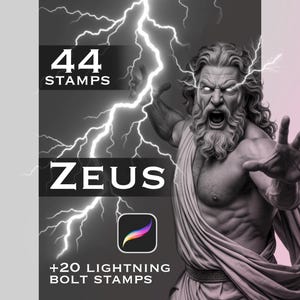 Può includere: Una grafica digitale che mostra una figura muscolosa e barbuta con occhi luminosi, drappeggiata in una toga, circondata da fulmini bianchi. Il testo recita 44 STAMPS, ZEUS e +20 LIGHTNING BOLT STAMPS, con un'icona colorata dell'app Procreate.
