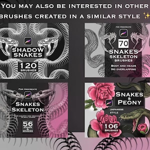 May include: A digital collection of four Procreate brush sets featuring snake and skeleton illustrations. The text includes Shadow Snakes 120 Brushes, 70 Snakes Skeleton Brushes, Snakes Skeleton 56 Stamps & Brushes, and Snakes & Peony 106 Brushes.